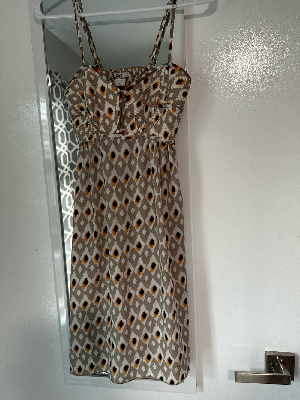 Bari Jay Beige Dress with Mustard & Black Diamond Print
